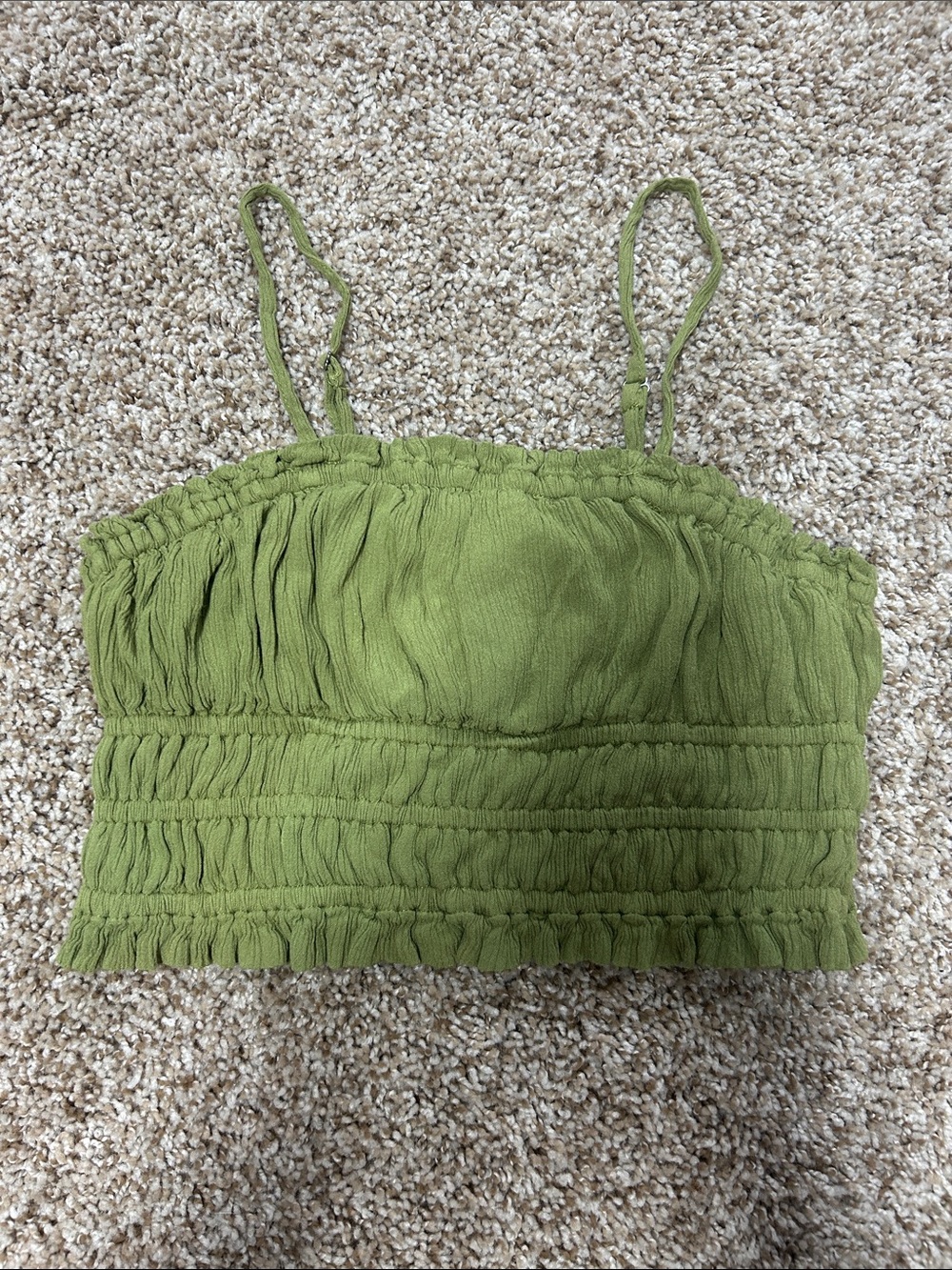 Japna Olive Green Smocked Crop Top with Spaghetti Straps